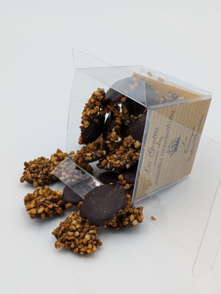 Gouttes chocolat noir ou au lait et noisettes caramélisées 100 g